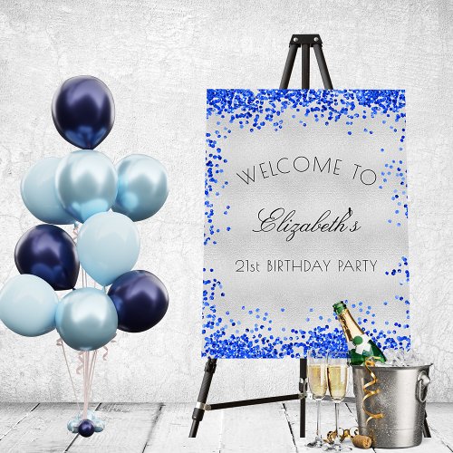 Birthday party silver royal blue confetti welcome foam board
