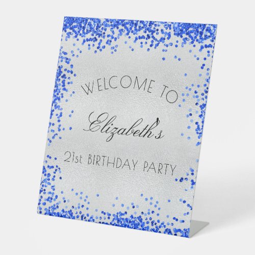 Birthday party silver royal blue confetti welcome  pedestal sign