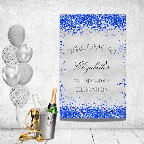 Birthday party silver royal blue confetti welcome poster