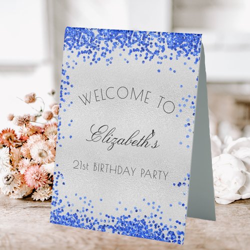 Birthday party silver royal blue confetti welcome table tent sign