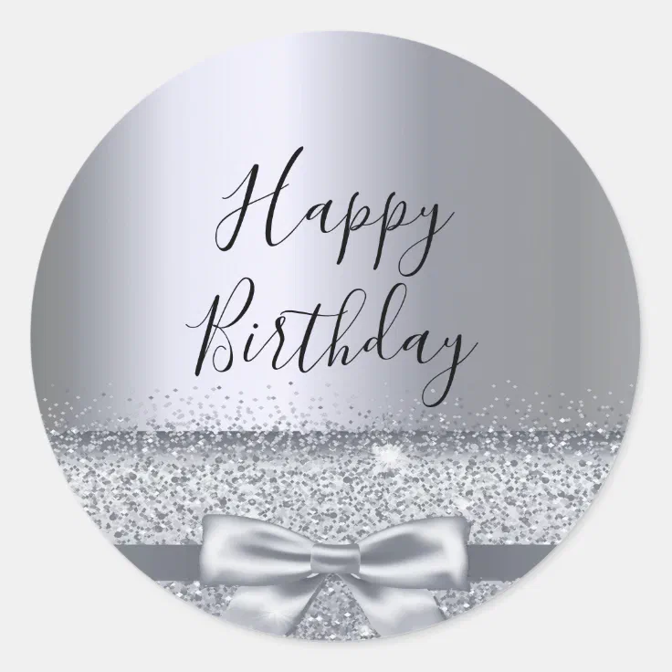 Birthday party silver sparkle bow metallic classic round sticker | Zazzle