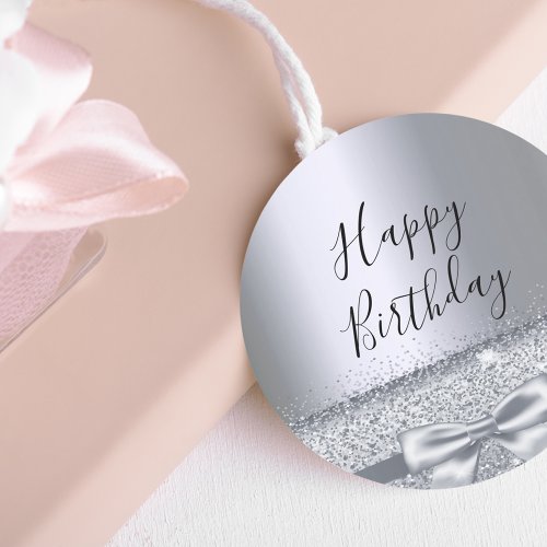 Birthday party silver sparkle bow metallic classic round sticker