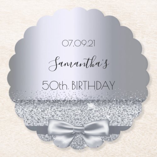 Birthday party silver sparkle bow metallic glam paper coaster