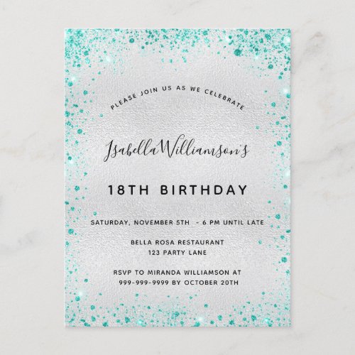 Birthday party silver teal glitter glam invitation postcard