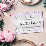 Birthday party silver violet glitter butterfly save the date<br><div class="desc">A girly and trendy Save the Date card for a 40th (or any age) birthday party. A modern faux silver looking background decorated with violet, lavender colored faux glitter sparkles. Personalize and add a date and name/age 40. The text: Save the Date is written with a large trendy hand lettered...</div>