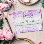 Birthday party silver violet glitter save the date announcement postcard<br><div class="desc">A girly and trendy Save the Date card for a 40th (or any age) birthday party. A modern faux silver looking background decorated with violet, lavender colored faux glitter sparkles. Personalize and add a date and name/age 40. The text: Save the Date is written with a large trendy hand lettered...</div>