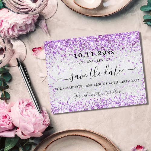 Birthday party silver violet glitter save the date announcement postcard