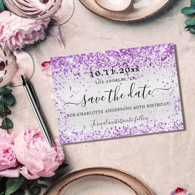 Birthday party silver violet purple glitter  save the date (Creator Uploaded)