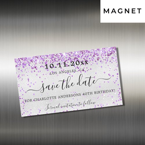 Birthday party silver violet save the date magnet
