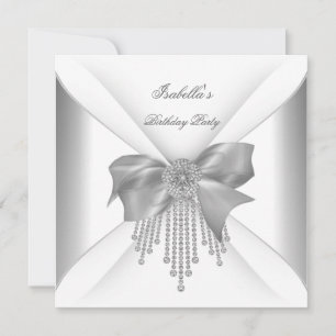 Birthday Party Silver White Diamond Bow Invitation