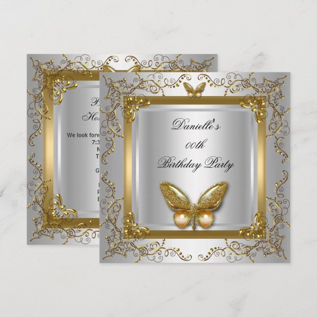 Birthday Party Silver White Gold Butterfly Invitation (Front/Back)