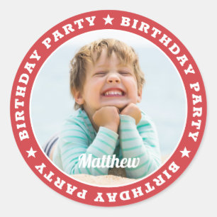Birthday Party Simple Modern Custom Photo Envelope Classic Round Sticker