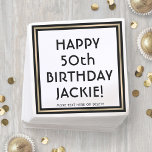 Birthday Party Simple Stylish Black White and Gold Napkins<br><div class="desc">Add an elegant touch to birthday party decorations with custom black, white and gold paper napkins. All wording on this template is simple to personalize. The design features a square faux foil border, modern script calligraphy, and stylish vintage typography. It can be customized for any occasion or to include a...</div>