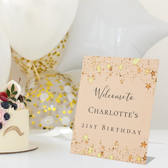 Birthday party soft peach gold stars welcome pedestal sign (Creator Uploaded)