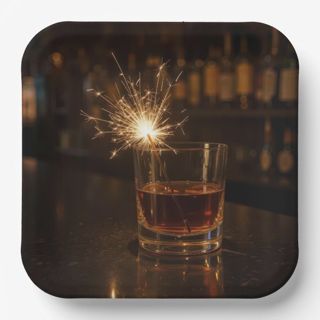 Birthday Party Sparkler In a Glass Of Whiskey Paper Plates (Front)