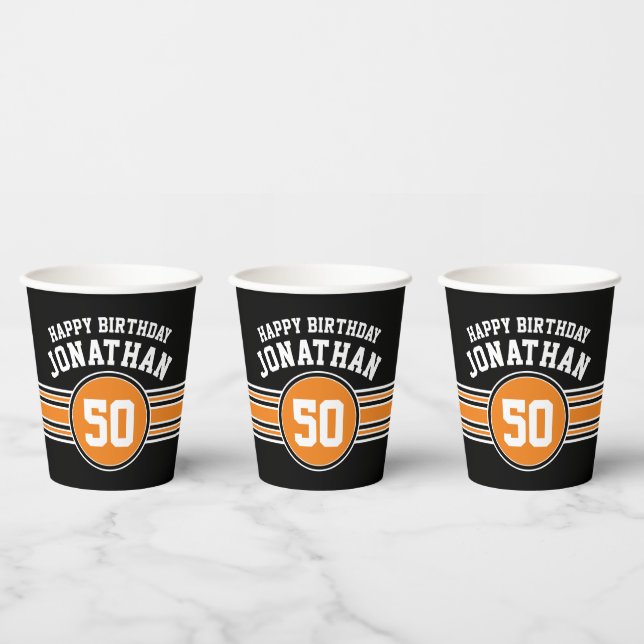 Birthday Party Sporty Stripes & Age - Orange Black Paper Cups (Multi)