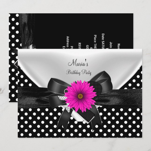 Birthday Party Spot Polka Dot  Black White Pink 4 Invitation (Front/Back)