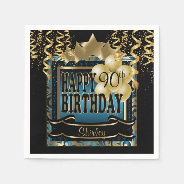 Birthday Party Star | Blue Metallic & Gold Napkins (Front)