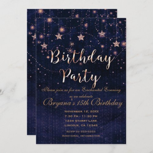 Birthday Party Starry Night Whimsical Purple Gold Invitation
