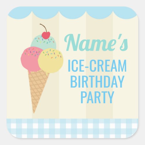 Birthday Party Stickers Ice Cream Blue Lolly Cone