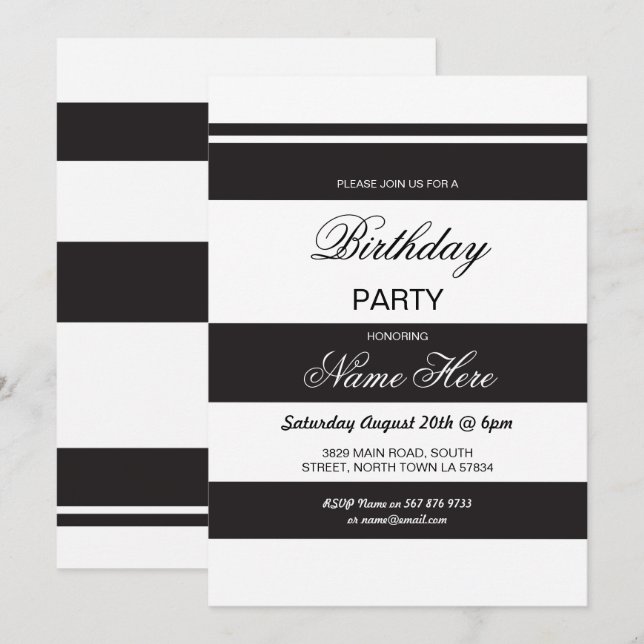 Birthday Party Stripe Black & White Invite 30 40th (Front/Back)