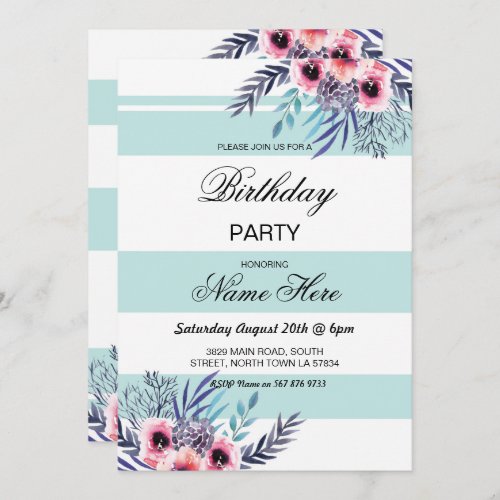 Birthday Party Stripe Blue Aqua Floral Invite 40th