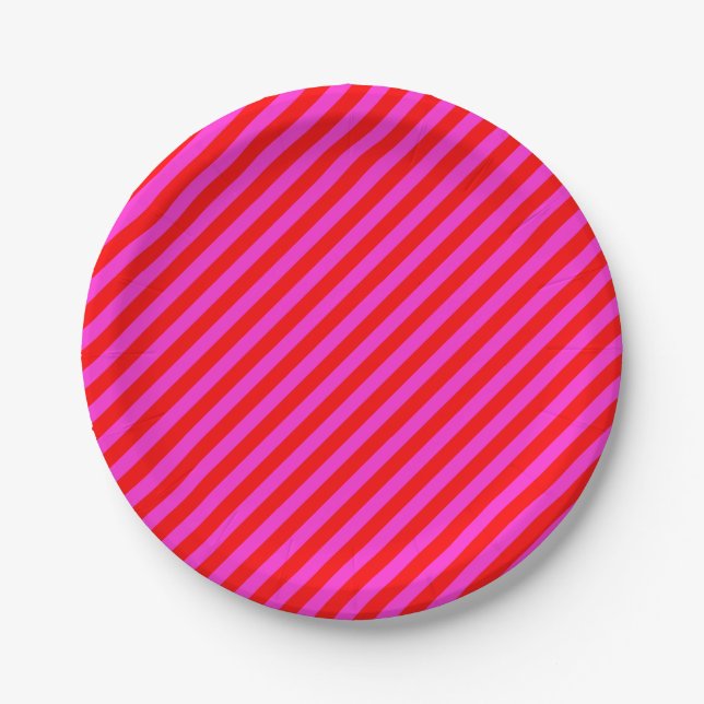 Birthday party stripes pink red pattern paper plates (Front)