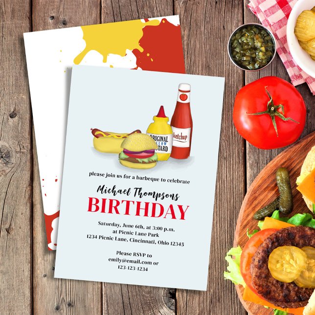 BIrthday Party Summer BBQ Custom Invitation (Birthday invitation with hamburger, hotdog, ketchup, and mustard.)