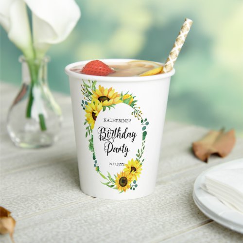 Birthday Party Sunflower Eucalyptus Floral Frame Paper Cups
