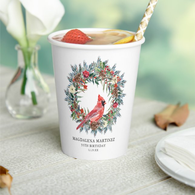 BIRTHDAY PARTY SUPPLIES 55th Red Cardinal Wreath Paper Cups (Insitu)