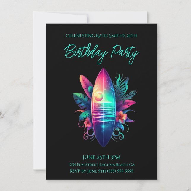 Birthday  Party-Surfboard Tropical Beach- Invitation (Front)