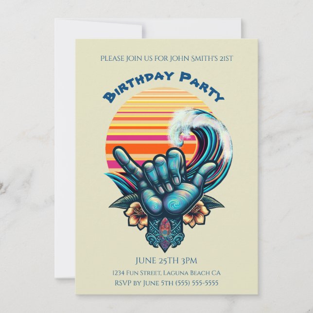 Birthday Party- Surfing a Big Wave-Hand Symbol- Invitation (Front)