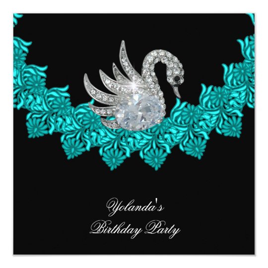 Birthday Party Swan Teal Blue Floral Black Card