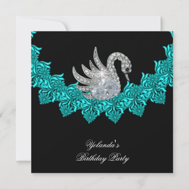 Birthday Party Swan Teal Blue Floral Black Invitation (Front)