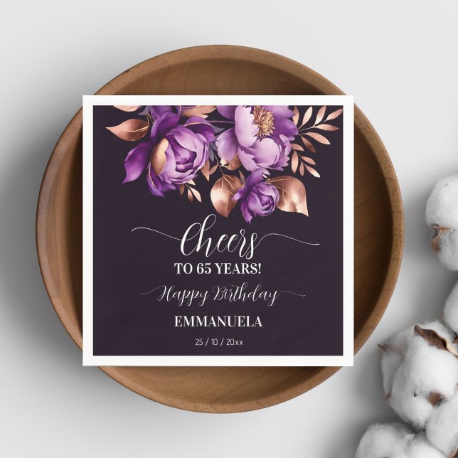  Birthday party tableware purple peonies template Napkins (Birthday party tableware purple peonies template Napkins personalized name adults birthday napkins)