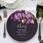 Birthday party tableware purple peonies template Paper Plates<br><div class="desc">Elegant purple rose gold peonies floral adults birthday party personalized tableware template plates,  purple and rose gold leaves watercolor peonies dark purple background birthday party plates</div>