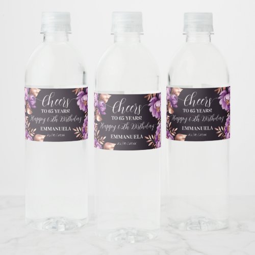  Birthday party tableware purple peonies template Water Bottle Label