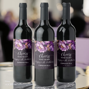 Birthday party tableware purple peonies template Wine Label