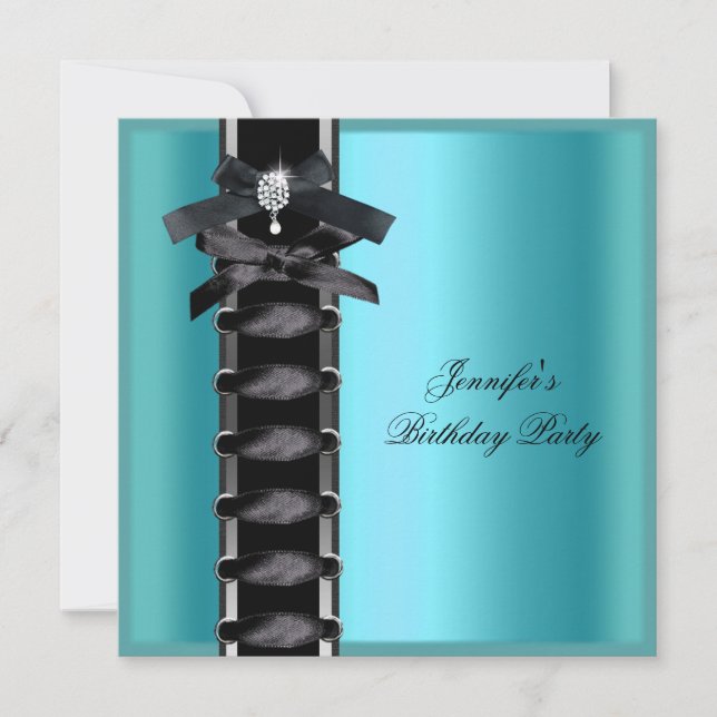 Birthday Party Teal Blue Black Diamond Corset Tie Invitation (Front)