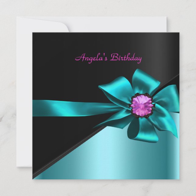 Birthday Party Teal Blue Black Pink Bow Jewel Invitation (Front)