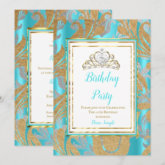 Birthday Party Teal Blue Gold Damask Gray Tiara Invitation (Front/Back)