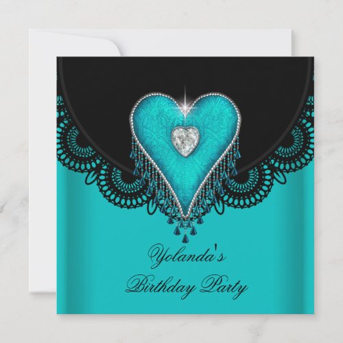 Birthday Party Teal Blue Heart Black Lace Custom Invitation
