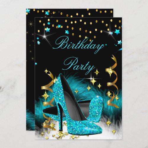 Birthday Party Teal Blue High Heels Sparkle Invitation