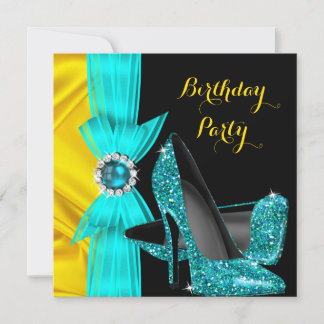 Birthday Party Teal Blue High Heels Yellow Silk 2 Invitation