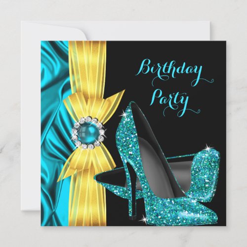 Birthday Party Teal Blue High Heels Yellow Silk Invitation