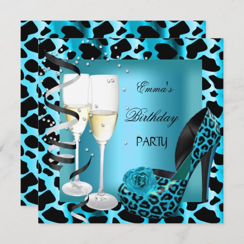 Birthday Party Teal Blue Leopard Black Shoes Invitation