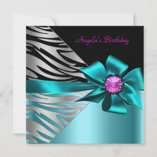 Birthday Party Teal Blue Pink Silver Zebra Black Invitation