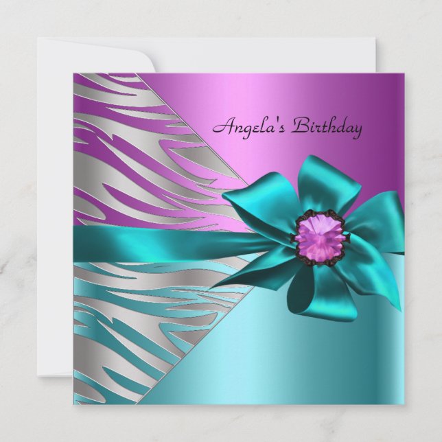 Birthday Party Teal Blue Pink Silver Zebra Black Invitation (Front)