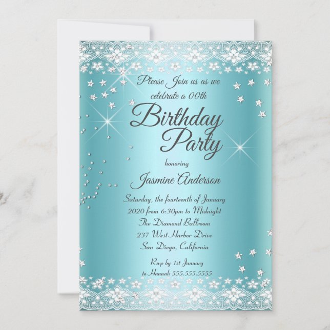 Birthday Party Teal blue Silver Sparkle lace Invitation (Front)
