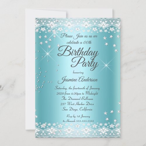 Birthday Party Teal blue Silver Sparkle lace Invitation